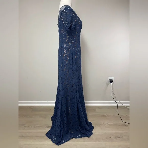 NWT Rene Ruiz Illusion Lace Floral Gown Navy Blue Size 6 - Picture 11 of 16